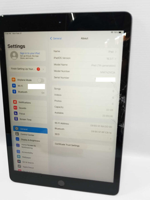 Apple iPad 7th Gen 32GB Wi-Fi 10.2â Space Grey A2197, AS-IS READ* ~