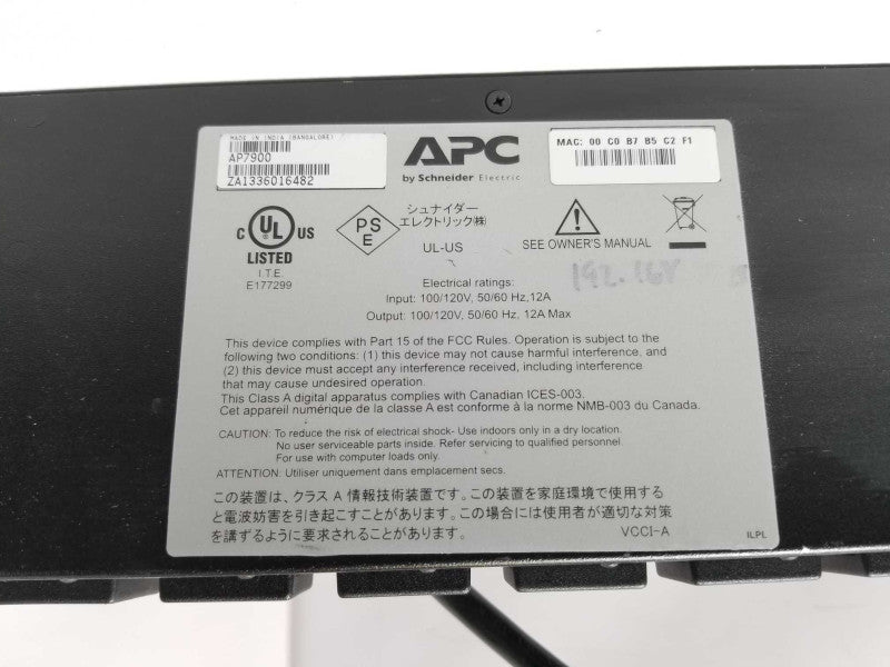 APC AP7900 Rack Mount PDU Switched Rack 120V/12A 8 Outlets 1U Rackmount _