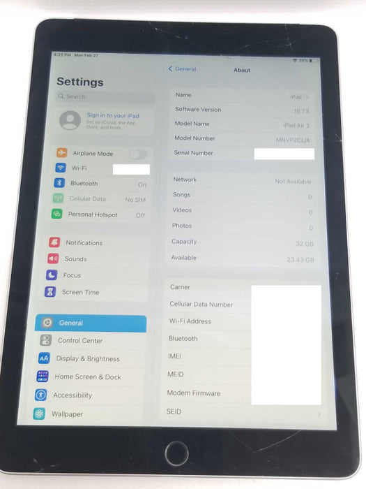 Apple iPad Air 2 A1567 32GB, Wi-Fi + Cellular Unlocked 9.7in Silver, READ* ~