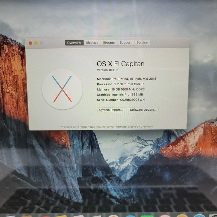 MacBook Pro Retina 15\\" Mid-2015 16GB RAM 250GB SSD i7 Integrated GPU A1398 =