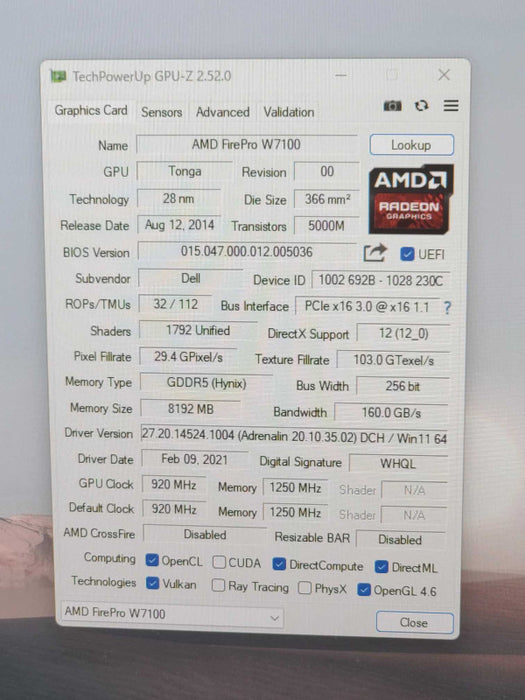 AMD FirePro W7100 8GB GDDR5 4x Display Ports Graphics Card, QTY ~