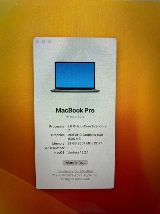 2019 MacBook Pro 16-inch TouchBar with Intel i7 (6 core) CPU 32GB RAM & 500GB -