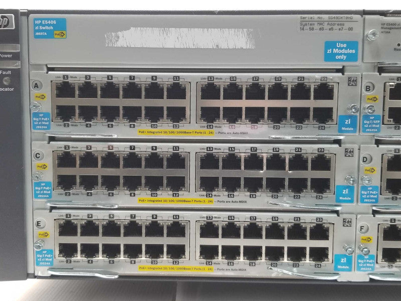 HP E5406 J8697A zl Switch w/ 5x J9534A, 1x J9535A v2 zl modules and 2x PSU _