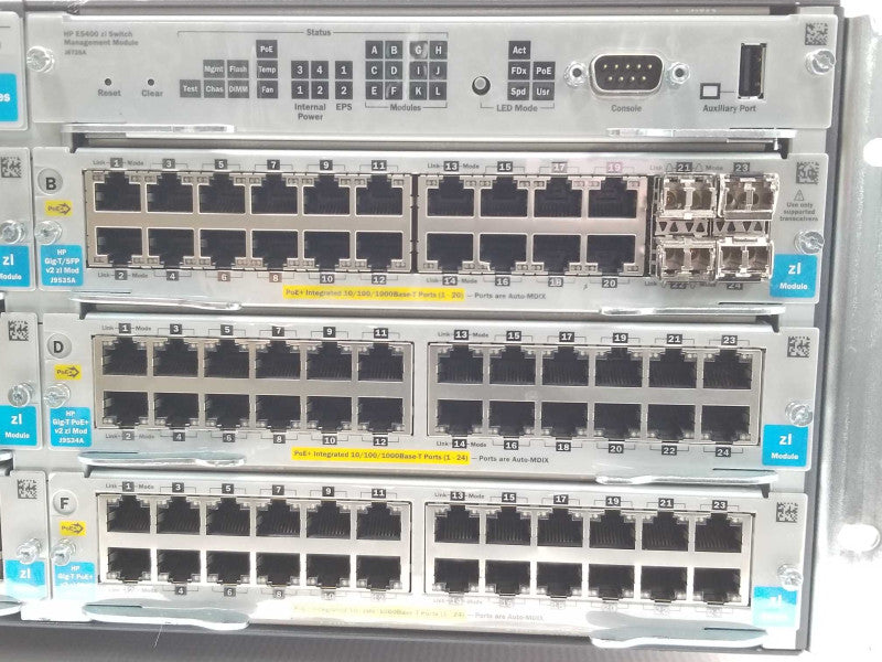 HP E5406 J8697A zl Switch w/ 5x J9534A, 1x J9535A v2 zl modules and 2x PSU _
