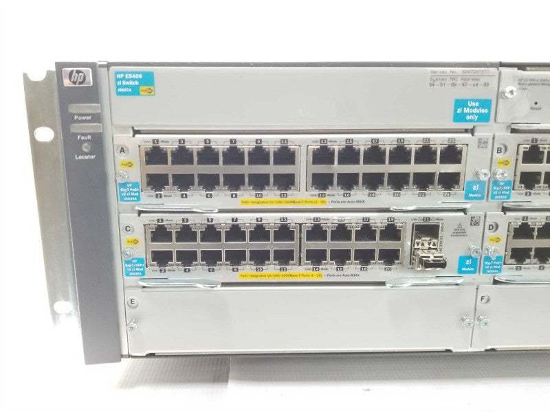 HP E5406 J8697A zl Switch w/ 2x J9534A, 1x J9535A, 1x J9536A, 2x PSU _