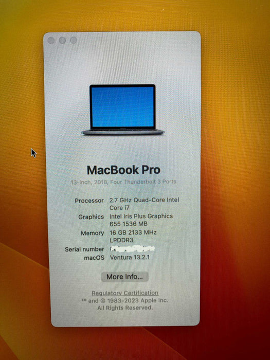 2018 MacBook Pro 13-inch TouchBar 4x Thunderbolt with Intel i7 CPU 16GB RAM -