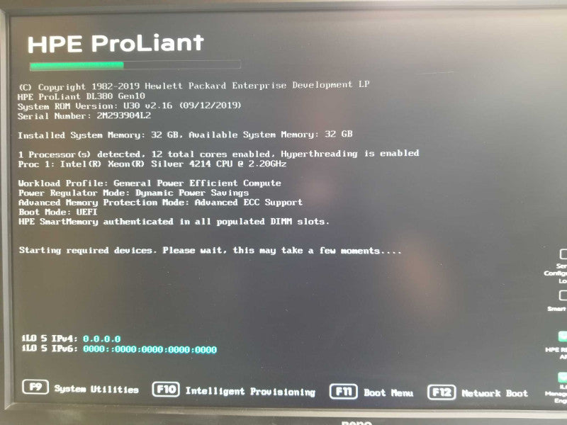 HPE Proliant DL380 G10, 1x Xeon Silver 4214 2.2GHz 12C, 32GB DDR4, Read _