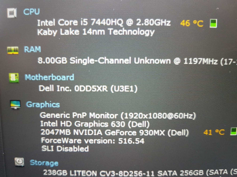 Dell lattitude 5480 i5-7440HQ @ 2.80ghz / 8gb ram / Nvidia Geforce 930Mx #