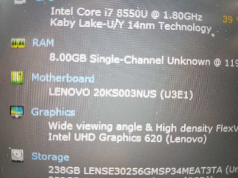 Lenovo Thinkpad E580 I7-8550u @ 1.80ghz / 8gb ram / 256gb ssd  #