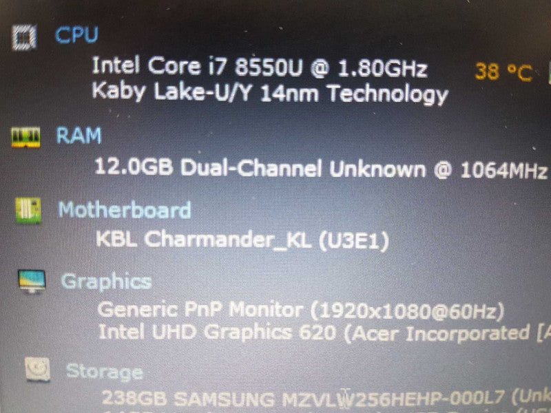 Acer Aspire A515-51 series i7-8550U @ 1.80ghz / 12gb ram / 256gb ssd / 15.6\\"  #