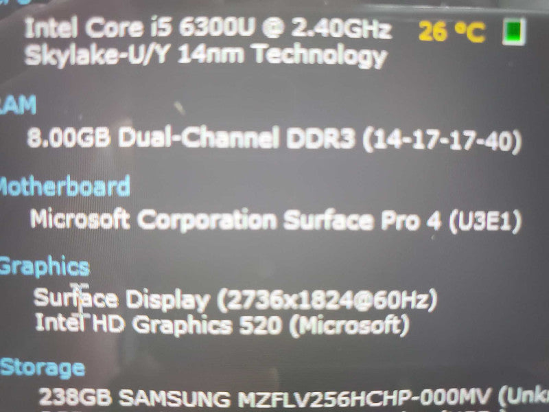 Microsoft Surface Pro 4 (1724) i5-6300U 8GB RAM 256GB Storage |