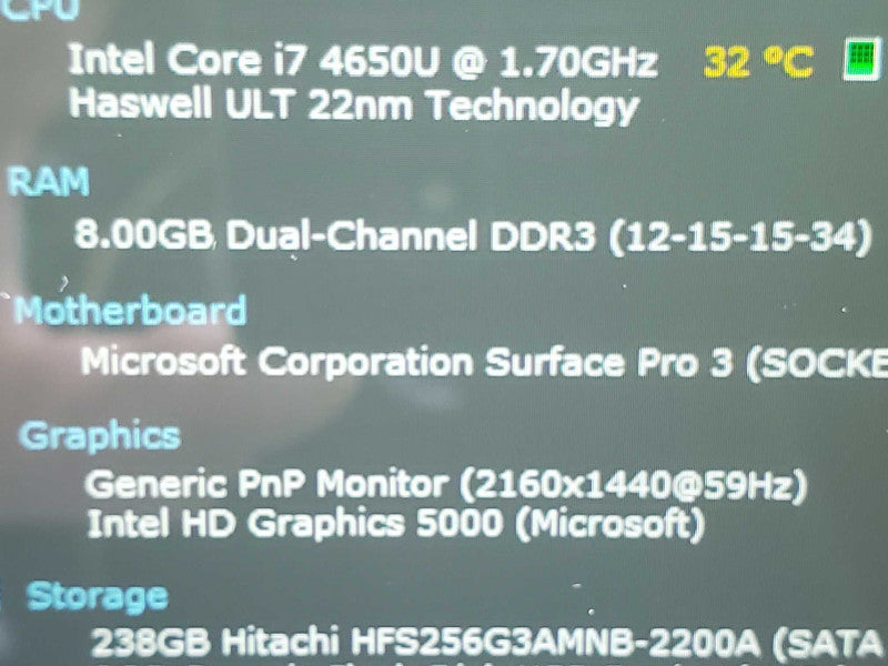 Microsoft Surface Pro 3 (1631) i7-4650U 8GB RAM 256GB Storage |