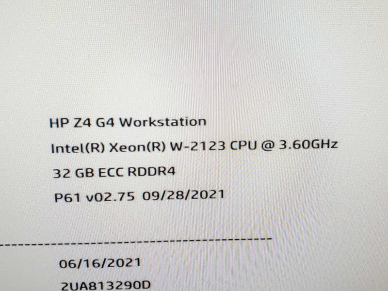 HP Z4 G4 WS, Xeon W-2123 3.6GHz QC/32GB ECC, Quadro K2000, NO HDDs ~