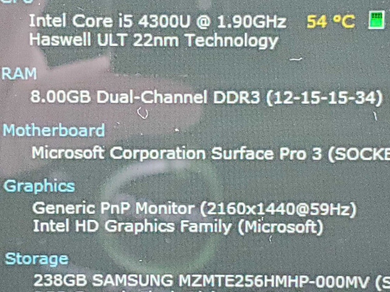 Microsoft Surface Pro 3 (1631) i5-4300U 8GB RAM 256GB Storage |