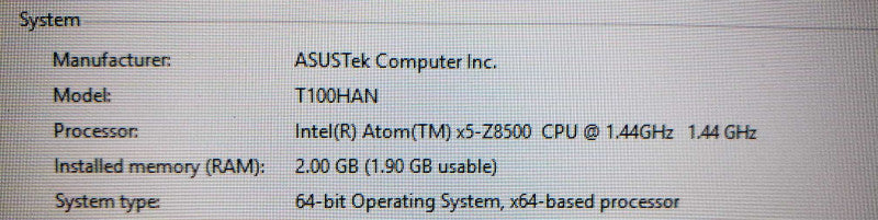 Asus Tablet/Mini Laptop T100HAN Intel Atom x5-Z8500 @ 1.44GHz 2 GB RAM )