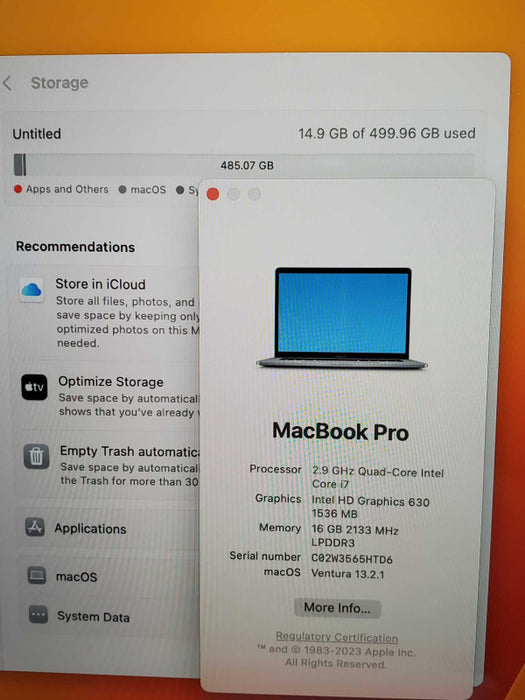 MacBook Pro 15.4\\" - M.2017 A1707, i7-7820HQ 2.9GHz/16GB, 500GB, READ* ~