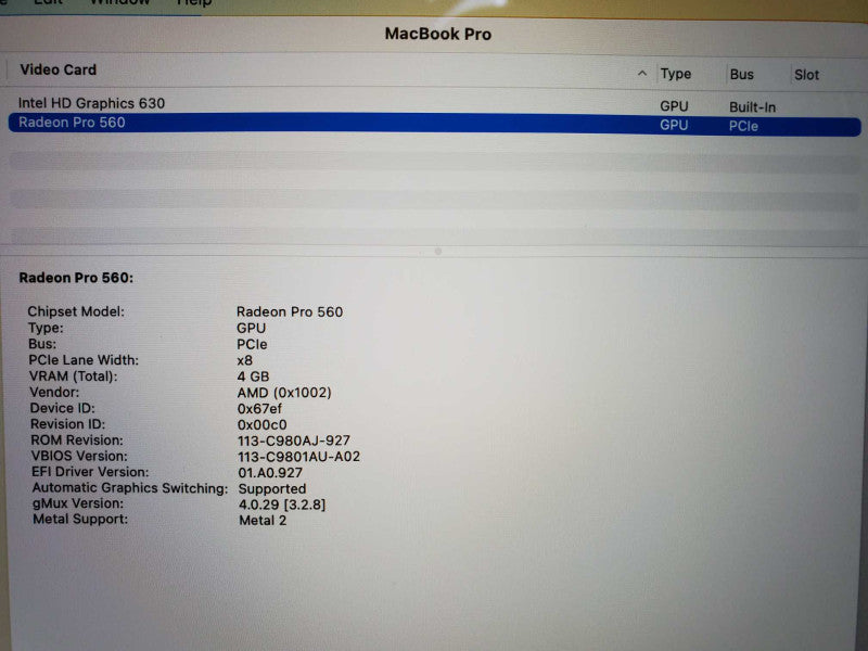MacBook Pro 2017 Core i7-7820HQ @ 2.9GHz 16GB DDR3 500GB SSD Radeon Pro 560 4GB [Read] (