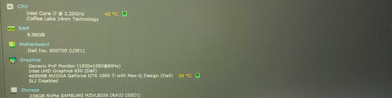 Dell XPS i7-8750H @ 2.20GHz 8 GB RAM GTX 1050Ti )