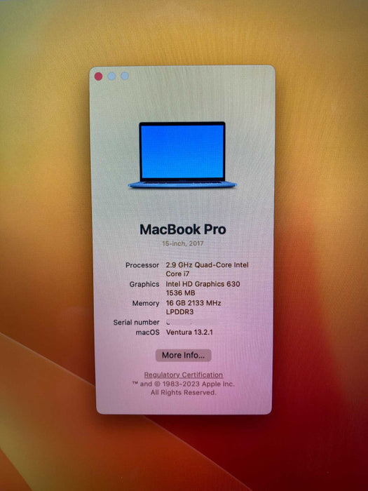 2017 MacBook Pro 15-inch TouchBar with Intel Core i7 CPU 16GB RAM & 500GB  -