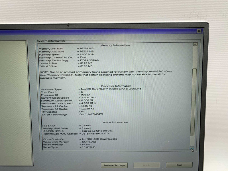DELL XPS 15 7590 with Intel i7-9750H CPU 16GB RAM & 512GB NVMe Storage  -