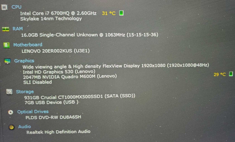 Lenovo ThinkPad P70 Core i7-6700HQ @ 2.6GHz 16GB DDR3 1TB SSD Quadro M600 2GB (