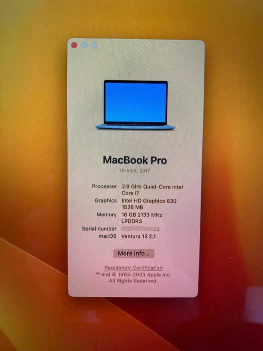 2017 MacBook Pro 15-inch TouchBar with Intel i7 CPU 16GB RAM & 500GB READ  -