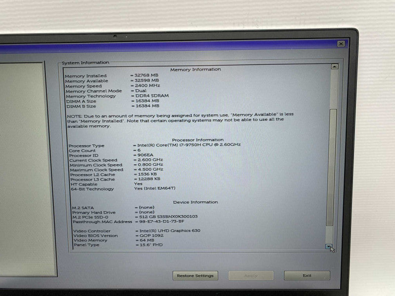 DELL XPS 15 7590 with Intel i7-9750H CPU 32GB RAM & 512GB NVMe Storage  -