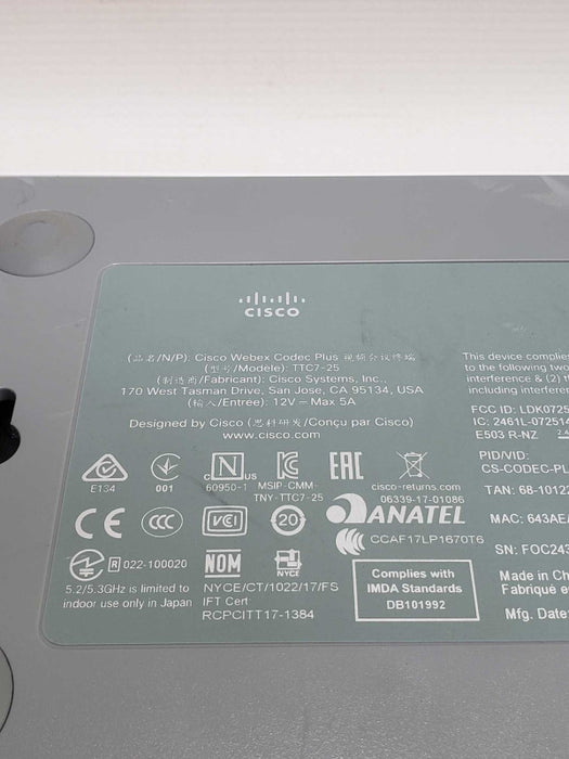 Cisco Webex Spark Codec Plus TTC7-25 Video Conference Unit )