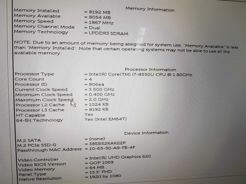 Dell XPS 13 9370 i7-8550U @ 1.80ghz / 8gb ram / 256gb ssd / 13.3\\" / READ #