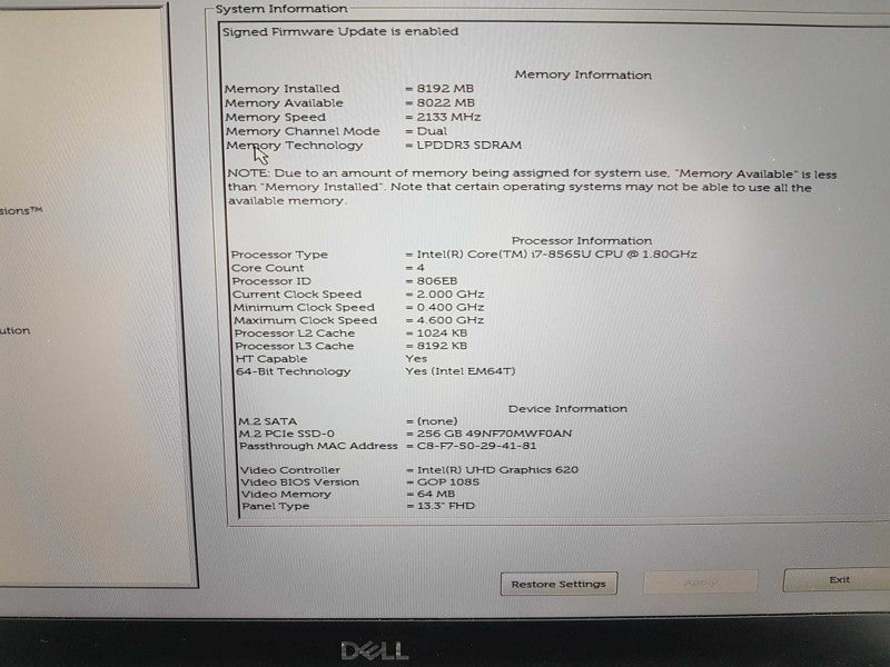 Dell XPS 13 9380 i7-8565U @ 1.80ghz / 8gb ram / 256gb ssd / 13.3\\" / READ #