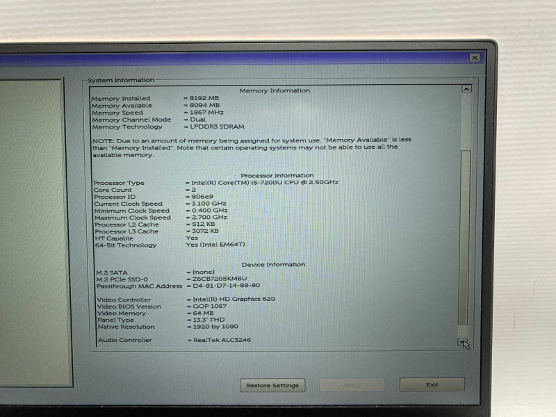 DELL XPS 13 9360 with i5-7200U CPU 8GB RAM & 256GB SSD Storage  -