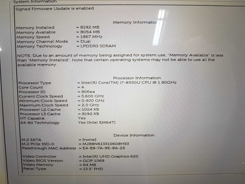 Dell XPS 13 9370 i7-8550U @ 1.80ghz / 8gb ram / 256gb SSD / 13.3\\" READ #