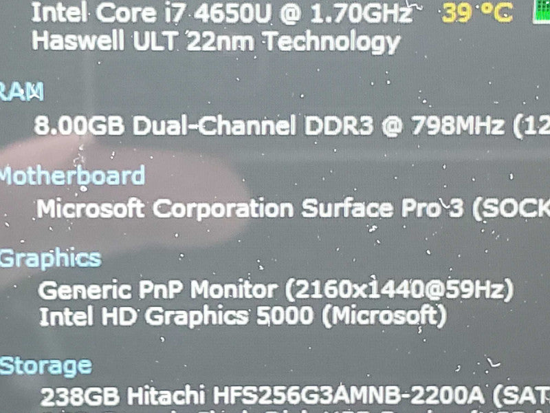 Microsoft Surface Pro 3 (1631) i7-4650U 8GB RAM 256GB Storage Q|