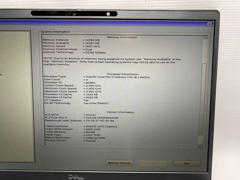 DELL Latitude 7410 WITH I7-10610U CPU 16GB RAM & 512GB NVMe Storage  -