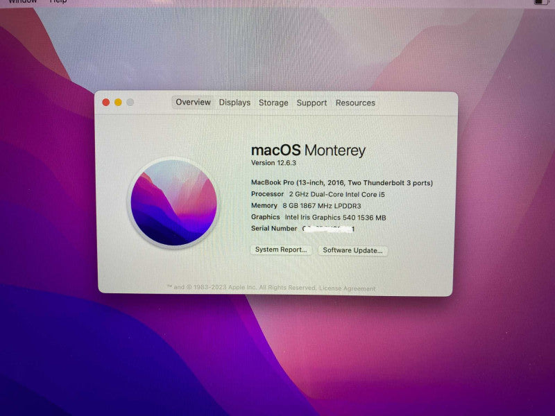 2016 MacBook Pro 13-inch with i5 CPU 8GB RAM & 250GB Storage -