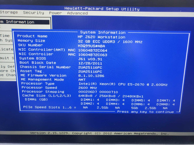 HP Z620 Workstation Xeon E5-2670 @ 2.60GHz 32 GB RAM Quadro 5000 **READ** )