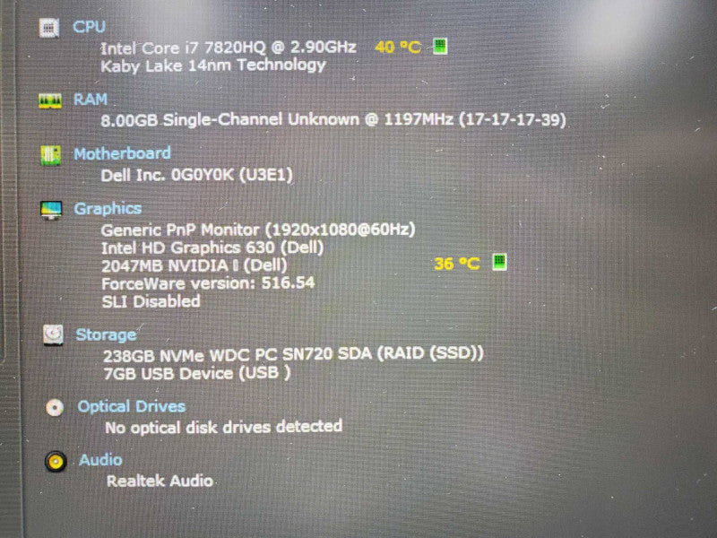 Dell Precision 3520 15.6\\" i7-7820HQ@2.9GHz 8GB DDR3 256GB SSD Quadro M620 2GB (