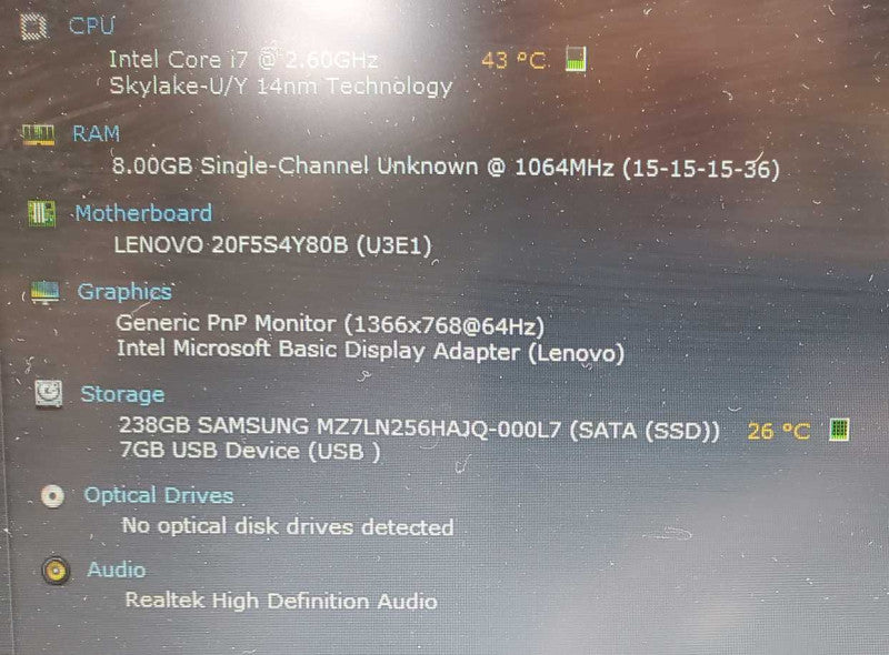 Lenovo ThinkPad x260 Core i7-6600U @ 2.6GHz 8GB DDR3 250GB SSD (