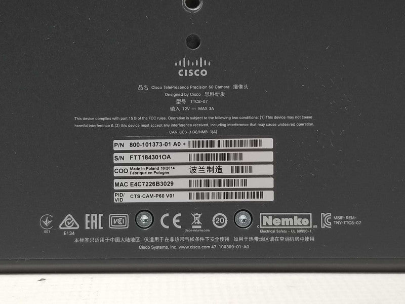 Cisco TelePresence Precision 60 Camera CTS-CAM-P60-V01 TTC8-07 Q_