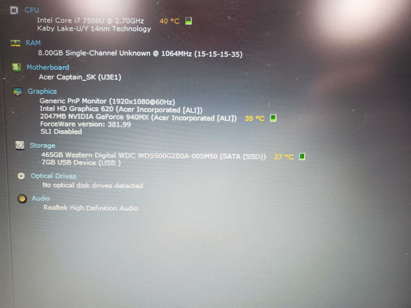 Acer Aspire F5-573 Core i7-7500U @ 2.7GHz 8GB DDR3 500GB SSD Nvidia 940MX 2GB (