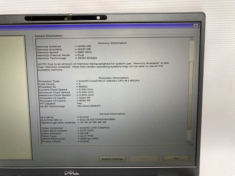 DELL Latitude 7410 with i7-10610U CPU 16GB RAM & 512GB NVMe Storage  -