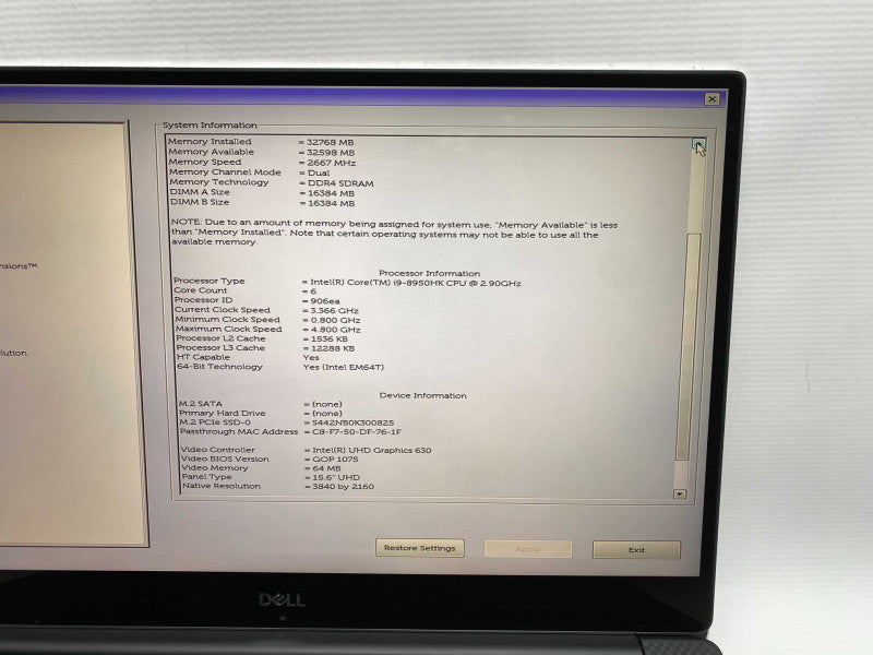 DELL XPS 15 9570 with i9-8950HK CPU 32GB RAM & 2TB NVMe Storage  -