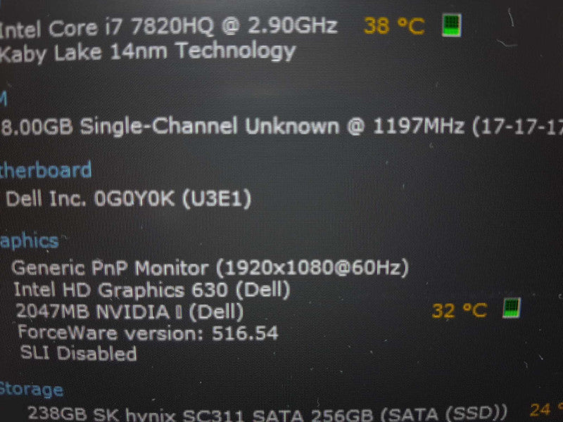Dell Precision 3520 15.6\\" i7-7820HQ@2.9GHz 8GB DDR3 NVIDIA 2GB GPU 256GB SSD $