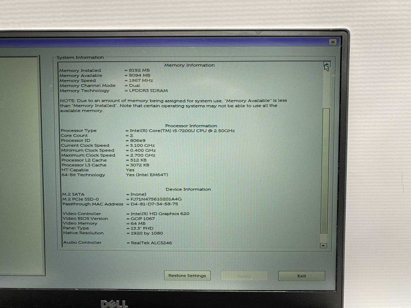 DELL XPS 13 9360 with i5-7200U CPU 8GB RAM & 256GB SSD Storage  -