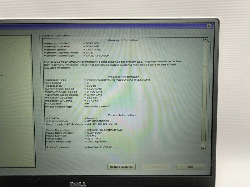 DELL XPS 13 9360 with i5-7200U CPU 8GB RAM & 256GB SSD Storage  -