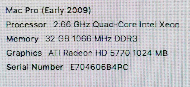 Mac Pro - E.2009 A1289, 1x Xeon 2.66GHz QC/32GB, Radeon HD5770, NO HDDs ~