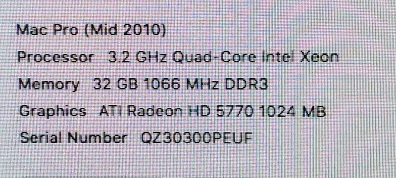 Mac Pro - M.2010 A1289, 1x Xeon 3.2GHz QC/32GB, Radeon HD5770, NO HDDs ~