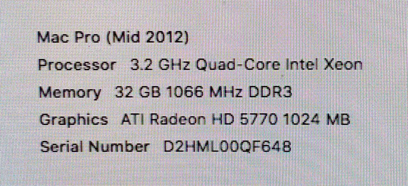 Mac Pro - M.2012 A1289, 1x Xeon 3.2GHz QC/32GB, Radeon HD5770, NO HDDs ~