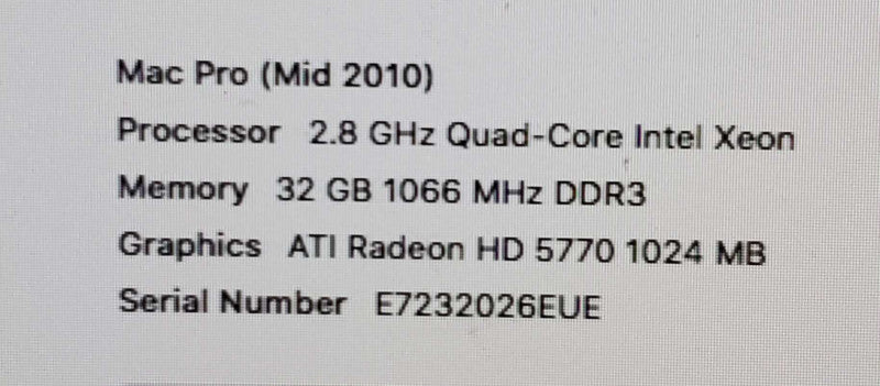 Mac Pro - M.2010 A1289, 1x Xeon 2.8GHz QC/32GB, Radeon HD5770, NO HDDs ~