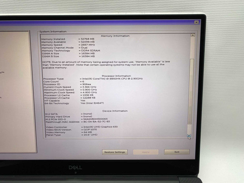 DELL XPS 15 9570 with i9-8950HK CPU 32GB RAM & 2TB NVMe Storage  Q-